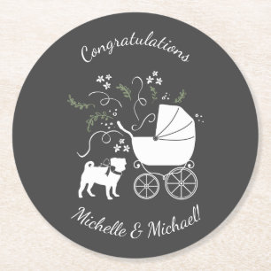 Dessous-de-verre Rond En Papier Carlin Chien Baby shower Thème Chien Chiot Neutre 