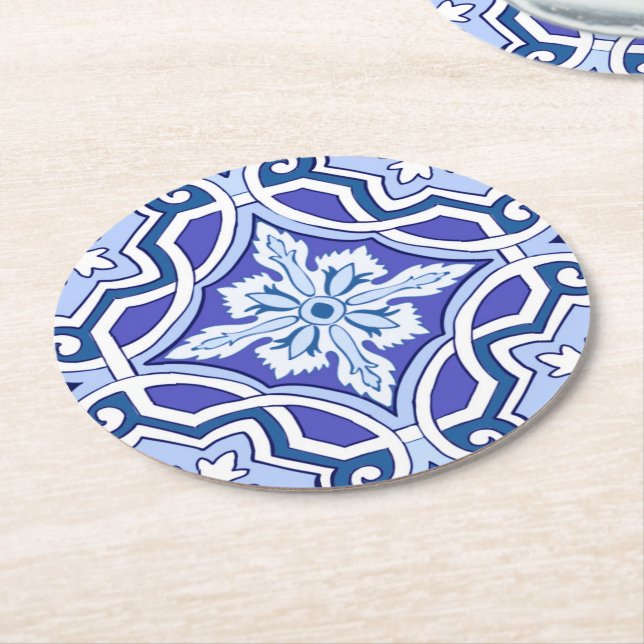 Dessous-de-verre Rond En Papier Carreaux bleus, Carreaux méditerranéens, majolica  (Incliné)