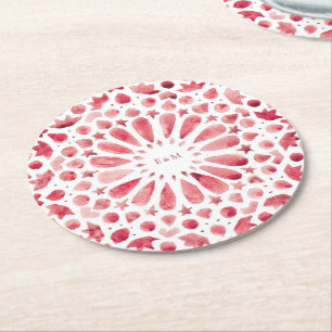Dessous-de-verre Rond En Papier Carreaux Marocains Rouges Monogramme de Mariage