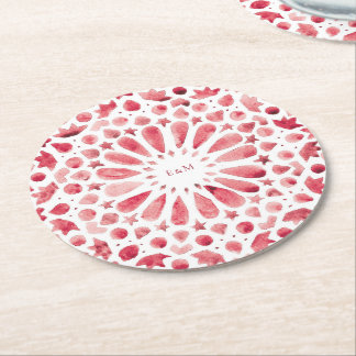 Dessous-de-verre Rond En Papier Carreaux Marocains Rouges Monogramme de Mariage