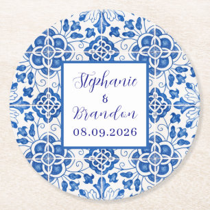 Dessous-de-verre Rond En Papier Carreaux Portugais Mariage Méditerranéen Bleu