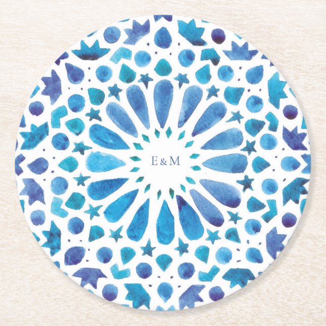 Dessous-de-verre Rond En Papier Carrelage bleu marocain Initiales Logo Mariage (Devant)