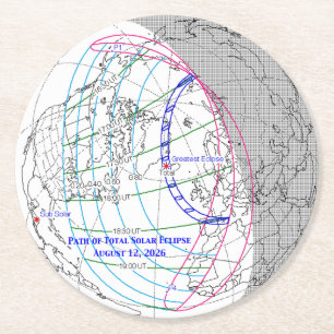 Dessous-de-verre Rond En Papier Carte de l'éclipse solaire totale 2026