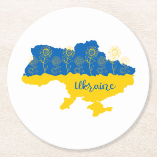 Dessous-de-verre Rond En Papier Carte de l'Ukraine avec tournesol et drapeau ukrai
