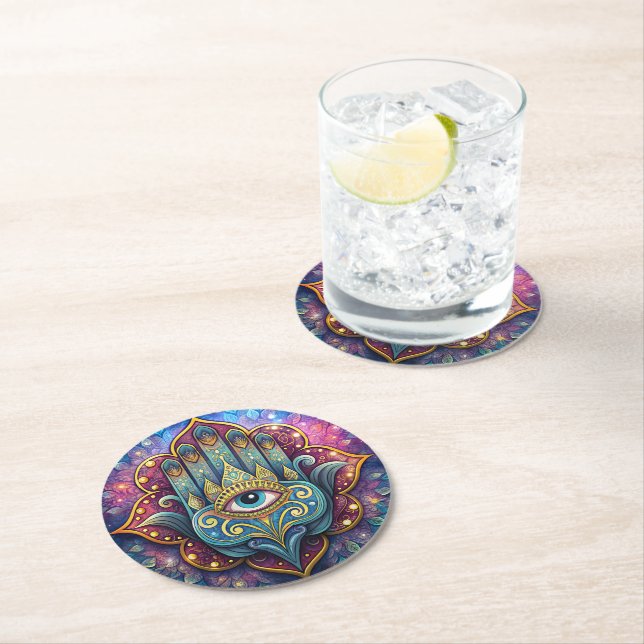 Dessous-de-verre Rond En Papier Celestial Hamsa  (En situation)
