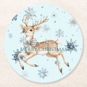 Dessous-de-verre Rond En Papier Cerf de Noël aux flocons de neige bleus avec noeud