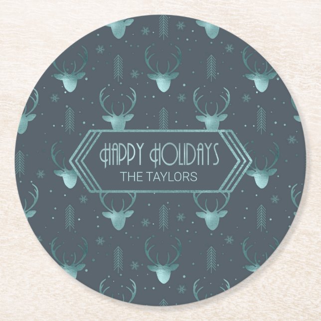 Dessous-de-verre Rond En Papier Cerfs Antlers Flèches Motif de Noël ID Turquoise86 (Devant)