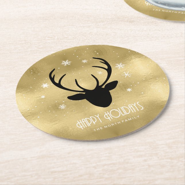 Dessous-de-verre Rond En Papier Cerfs Antlers Silhouette & Flakes Gold ID861 (Incliné)