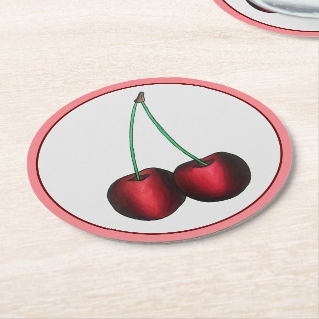 Dessous-de-verre Rond En Papier Cerises Rouge mûr Cerise Fruit d'été Imprimer (Incliné)
