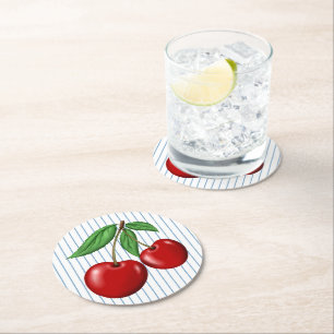 Dessous-de-verre Rond En Papier Cerises Rouges sur Rayures Bleues Style Rétro