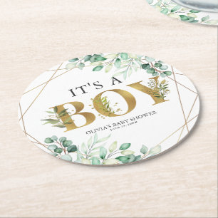 Dessous-de-verre Rond En Papier C'est un petit Baby shower vert Eucalyptus Gold