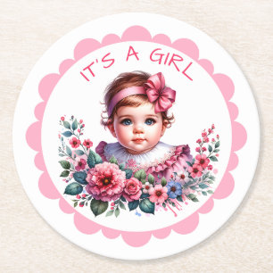 Dessous-de-verre Rond En Papier C'est une fille Baby shower Vintage rose