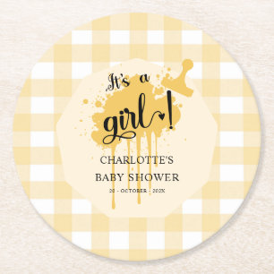 Dessous-de-verre Rond En Papier C'est une fille Douce Gingham Orange Pastel Baby S