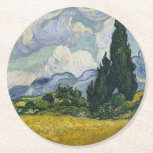 Dessous-de-verre Rond En Papier Champ de blé avec cyprès, peinture à l'huile, Van