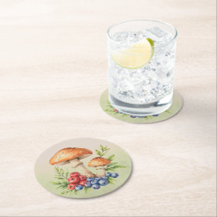 Dessous-de-verre Rond En Papier Champignons et baies de fruits