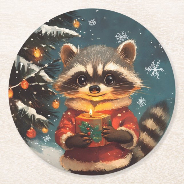 Dessous-de-verre Rond En Papier Chansons de Noël Raccoon (Devant)