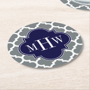 Dessous-de-verre Rond En Papier Charbon, Ce Marocain #5 Marine 3 Monogramme Initia
