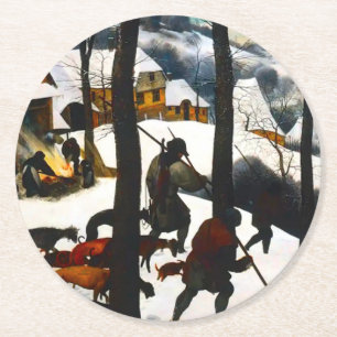 Dessous-de-verre Rond En Papier Chasseurs dans le paysage de neige Pieter Bruegel