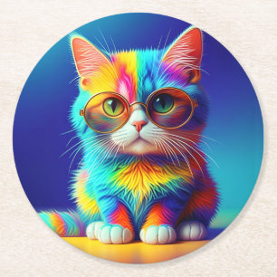 Dessous-de-verre Rond En Papier Chat Arc-en-Ciel avec Lunettes Portrait-47567