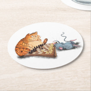 Dessous-de-verre Rond En Papier Chat et souris Jouer aux échecs Dessin amusant 