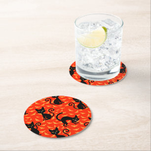 Dessous-de-verre Rond En Papier Chat noir éffrayant Halloween Bats orange