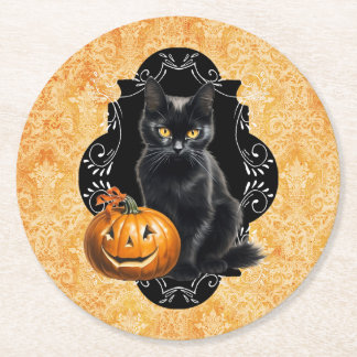 Dessous-de-verre Rond En Papier Chat noir et Citrouille d'Halloween doux