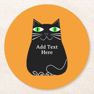 Dessous-de-verre Rond En Papier Chat Noir Gras Aux Yeux Verts Texte Personnalisé