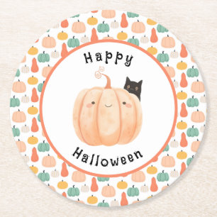 Dessous-de-verre Rond En Papier Chat noir mignon à la recherche d'une Halloween Ci