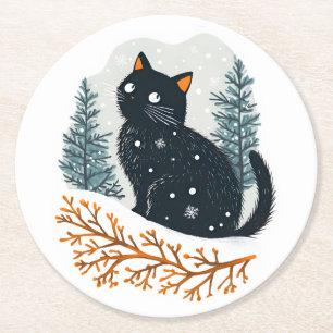 Dessous-de-verre Rond En Papier Chat noir neige d'hiver