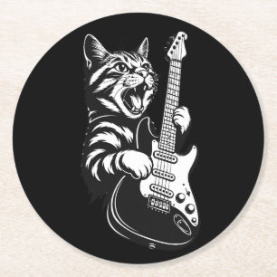 Dessous-de-verre Rond En Papier Chat Rock Jouant de la Guitare Électrique Amour