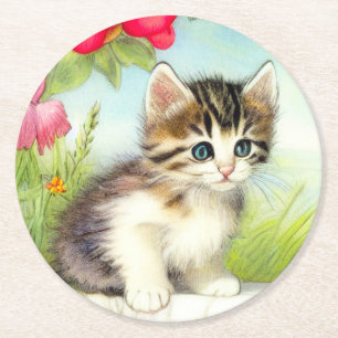 Dessous-de-verre Rond En Papier Chaton vintage blanc et Brown avec fleurs