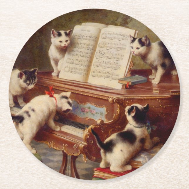 Dessous-de-verre Rond En Papier Chatons et piano (Devant)