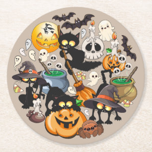 Dessous-de-verre Rond En Papier Chats drôles de Halloween Fête