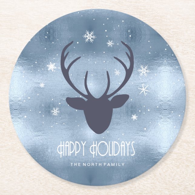 Dessous-de-verre Rond En Papier Chauffeurs de cerfs Silhouette & Snowflakes Blue I (Devant)