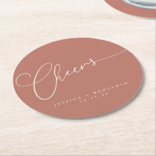 Dessous-de-verre Rond En Papier Cheers Minimaliste Script en terre cuite Mariage p