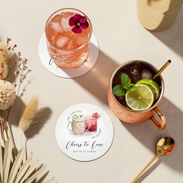 Dessous-de-verre Rond En Papier Chefs à l'amour Aquarelle Cocktail Boissons Mariag (Cheers to Love Watercolor Cocktail Drinks Wedding Round Paper Coaster)