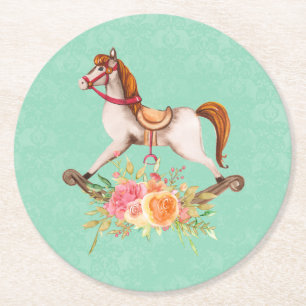 Dessous-de-verre Rond En Papier Cheval à roche vintage avec Bouquet floral