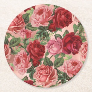 Dessous-de-verre Rond En Papier Chic Elegant Vintage Rose Rouge Roses Floral