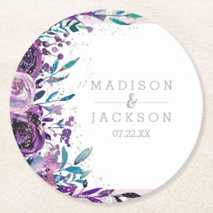 Dessous-de-verre Rond En Papier Chic Monogramme de mariage floral et argenté viole