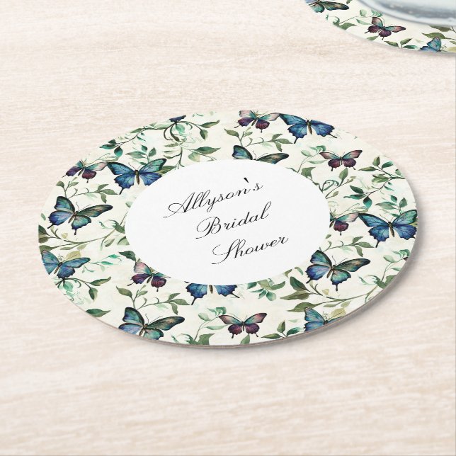 Dessous-de-verre Rond En Papier Chic Romantique Papillons Bleus Baby Shower (Incliné)