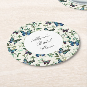 Dessous-de-verre Rond En Papier Chic Romantique Papillons Bleus Baby Shower de Mar