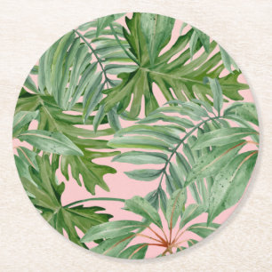 Dessous-de-verre Rond En Papier Chic Trendy Tropical Floral Palm Rose Motif feuill