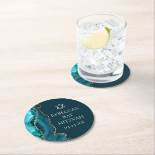 Dessous-de-verre Rond En Papier Chic Turquoise Gold Agate Bat mitzvah Party