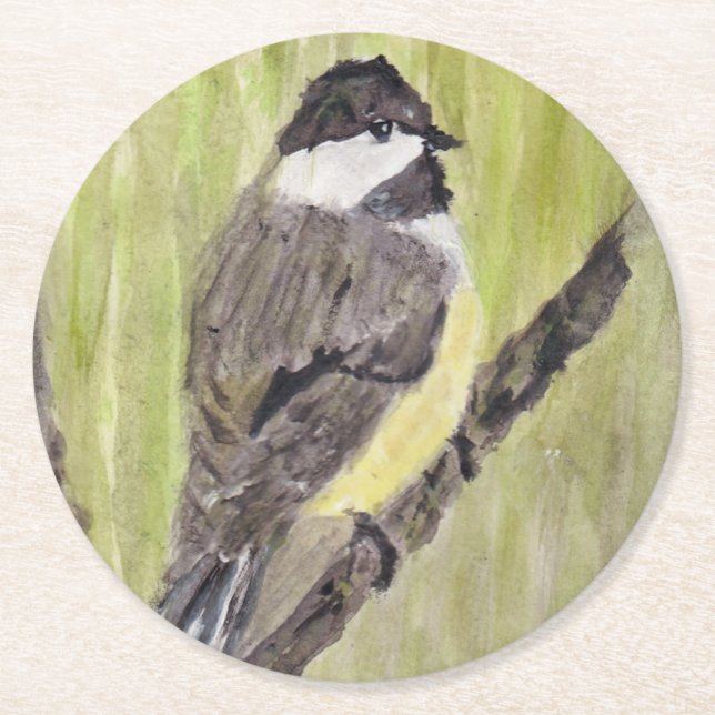 Dessous-de-verre Rond En Papier Chickadee Bird - peinture acrylique. (Devant)
