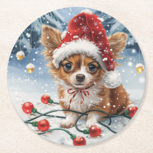 Dessous-de-verre Rond En Papier Chien de Noël Chihuahua Père Noël