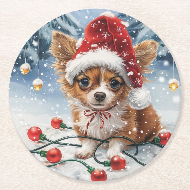 Dessous-de-verre Rond En Papier Chien de Noël Chihuahua Père Noël (Devant)