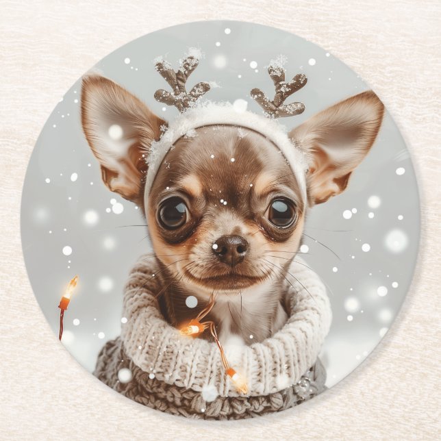 Dessous-de-verre Rond En Papier Chien de Noël Chihuahua Reindeer (Devant)