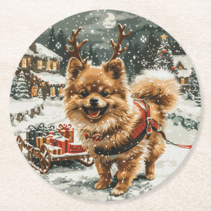 Dessous-de-verre Rond En Papier Chien de rennes de Noël de Poméranie