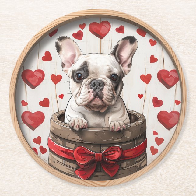 Dessous-de-verre Rond En Papier Chien de taureau français Valentines (Devant)