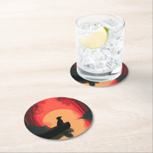 Dessous-de-verre Rond En Papier Chien noir minimaliste du coucher du soleil
